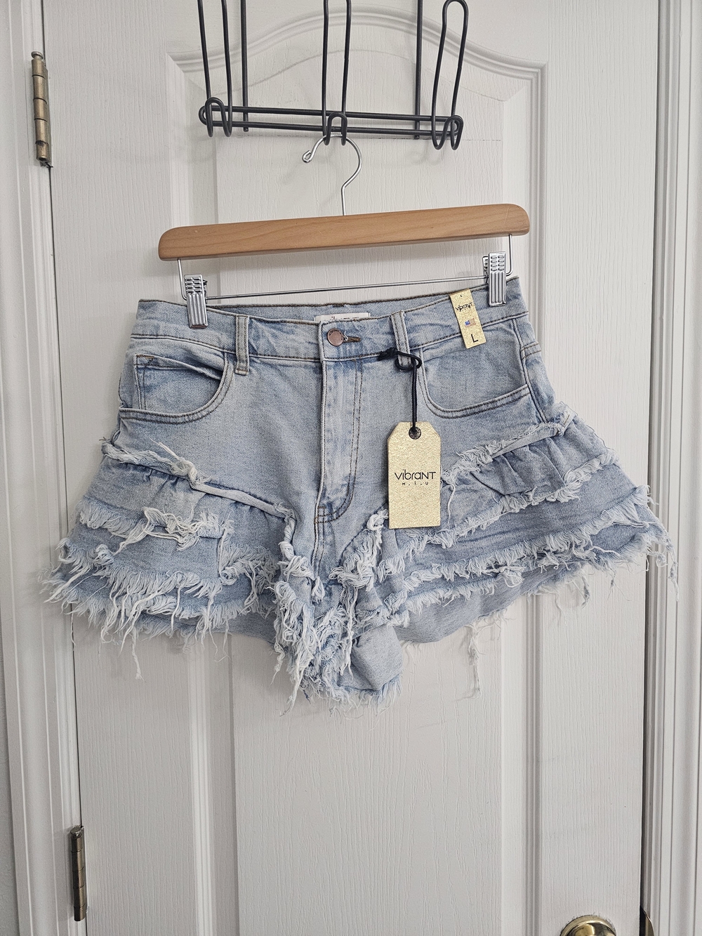 Vibrant Light Blue Ruffle Frayed Denim Shorts